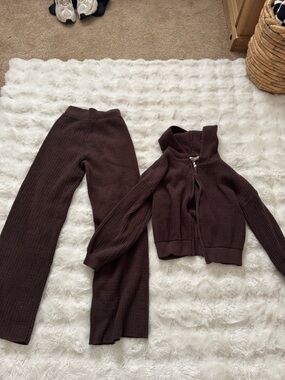 Women's Ribbed Knit Zip Jacket and Pants Set - Dark Brown